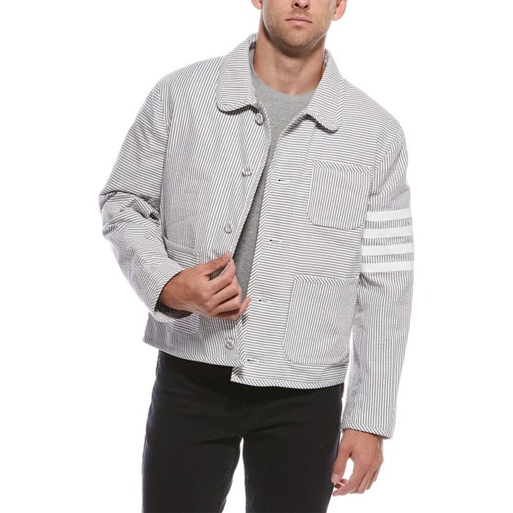 Thom Browne Mens 4-Bar Stripe Seersucker Jacket, Grey